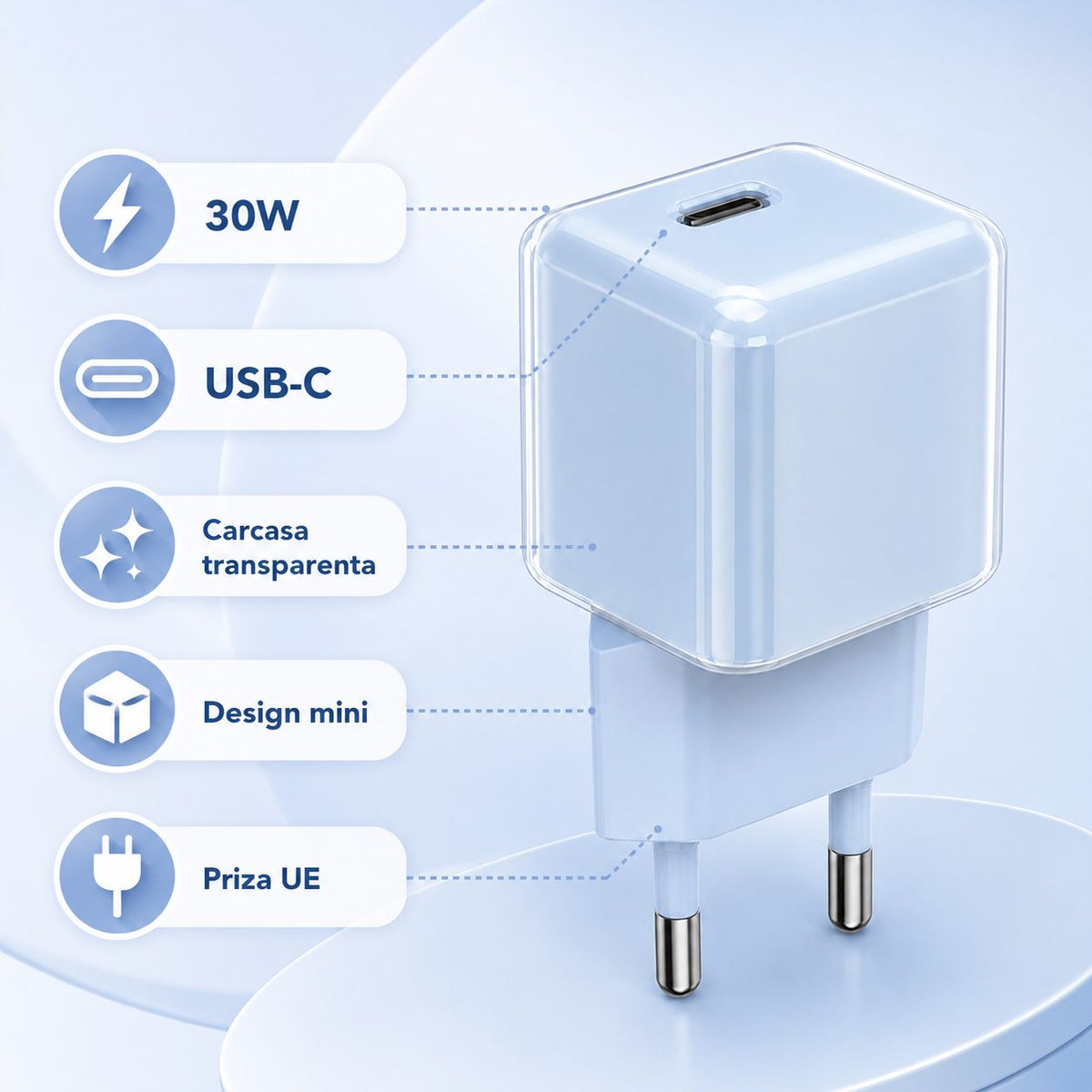 Încărcător GaN 30W USB-C Mini Ice Cube, compatibil iPhone, albastru