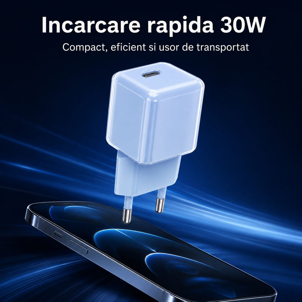 Încărcător GaN 30W USB-C Mini Ice Cube, compatibil iPhone, albastru
