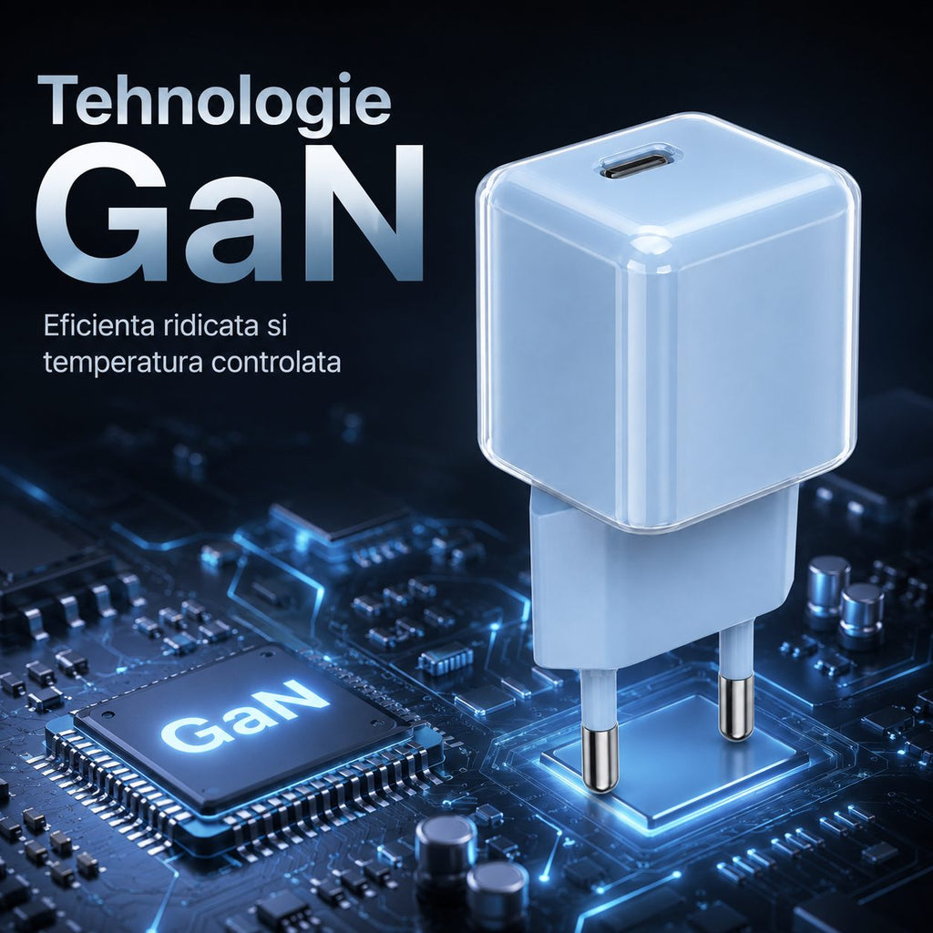 Încărcător GaN 30W USB-C Mini Ice Cube, compatibil iPhone, albastru