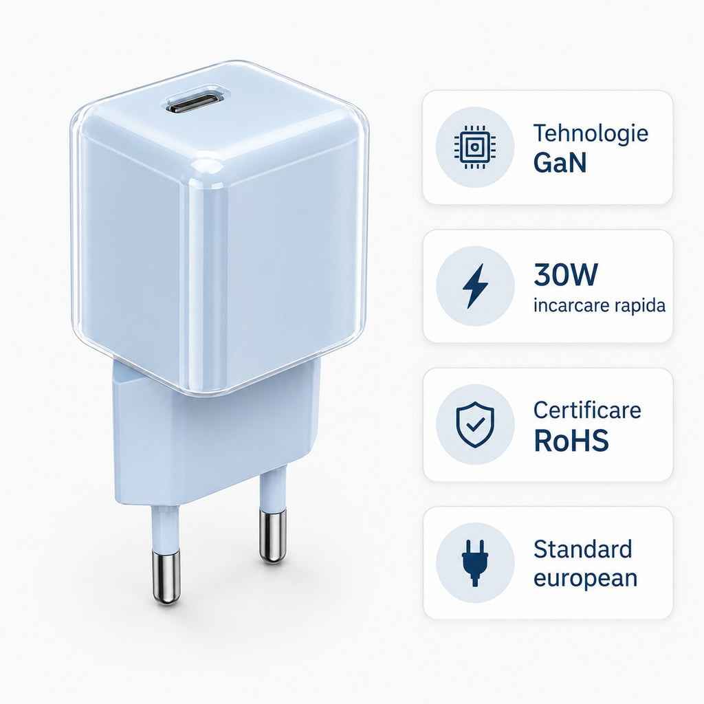 Încărcător GaN 30W USB-C Mini Ice Cube, compatibil iPhone, albastru