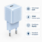 Încărcător GaN 30W USB-C Mini Ice Cube, compatibil iPhone, albastru