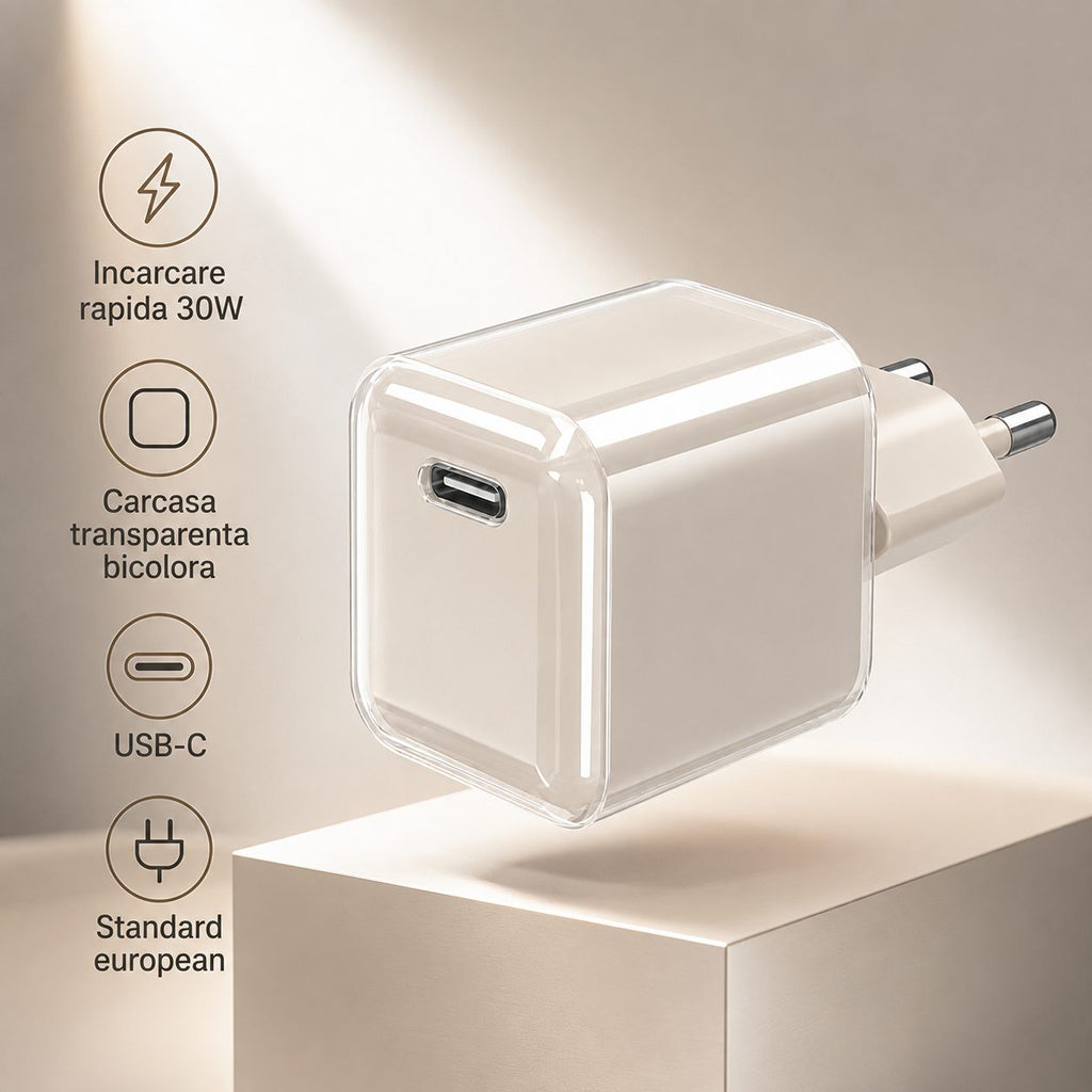 Încărcător GaN 30W USB-C Mini Ice Cube, compatibil iPhone, crem