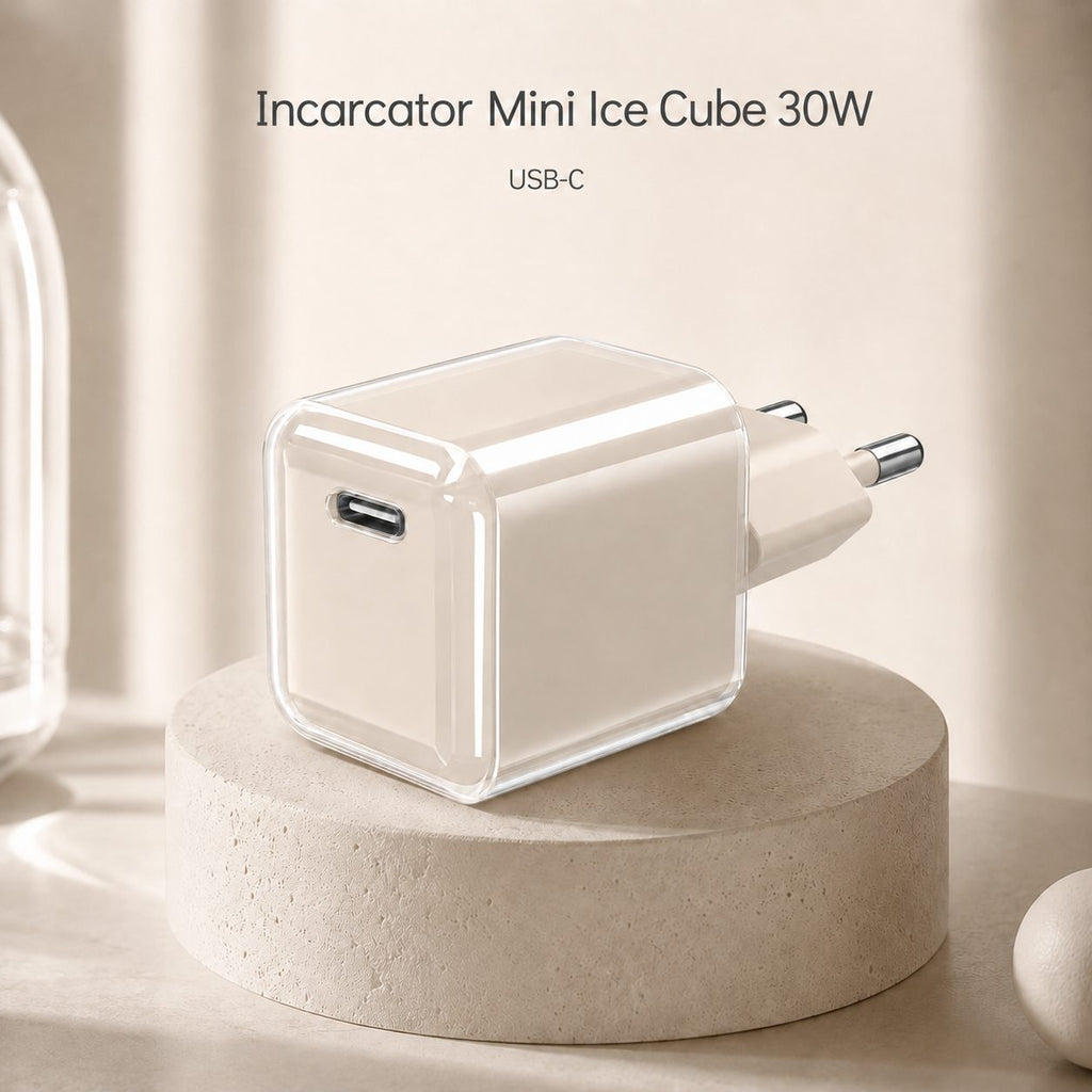 Încărcător GaN 30W USB-C Mini Ice Cube, compatibil iPhone, crem