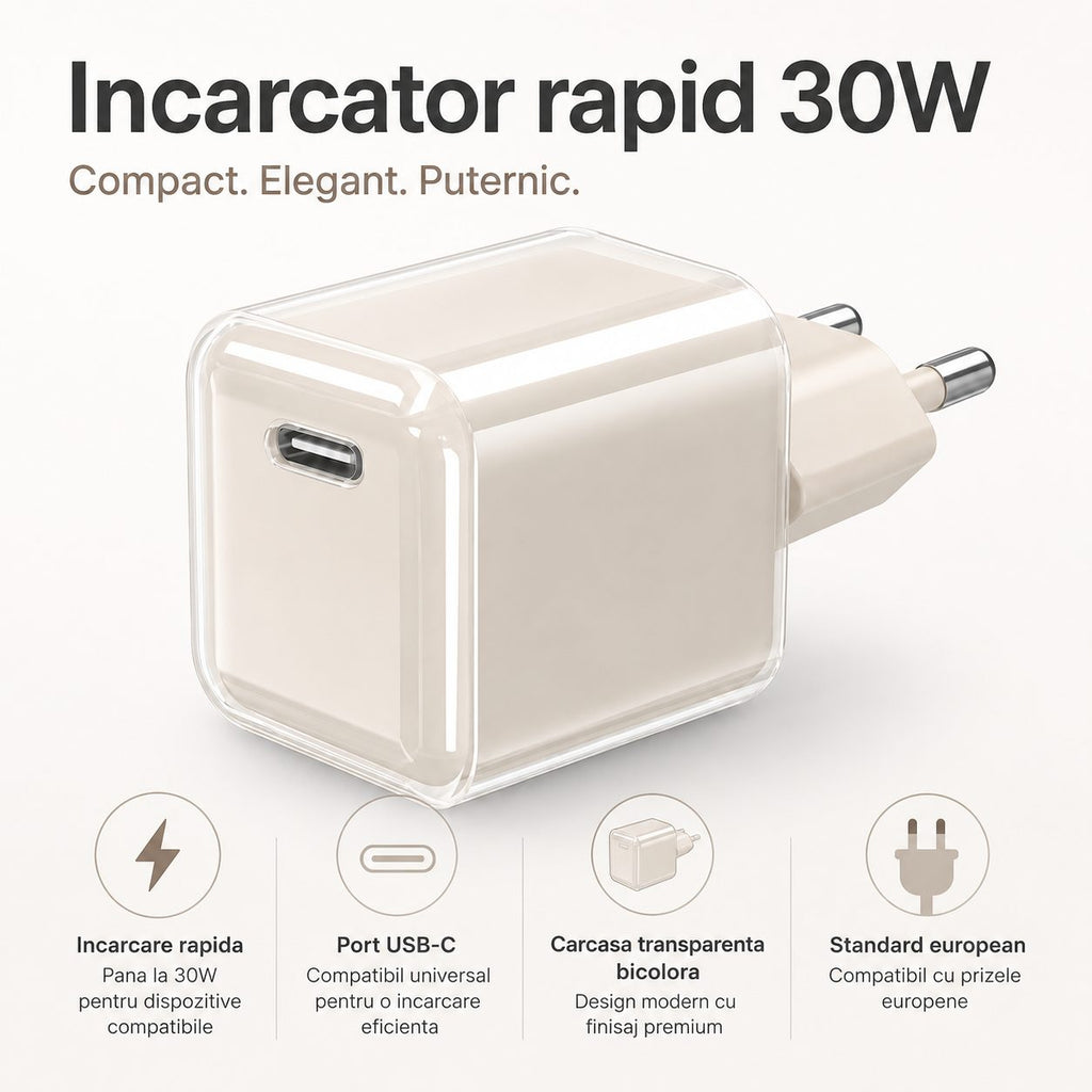 Încărcător GaN 30W USB-C Mini Ice Cube, compatibil iPhone, crem