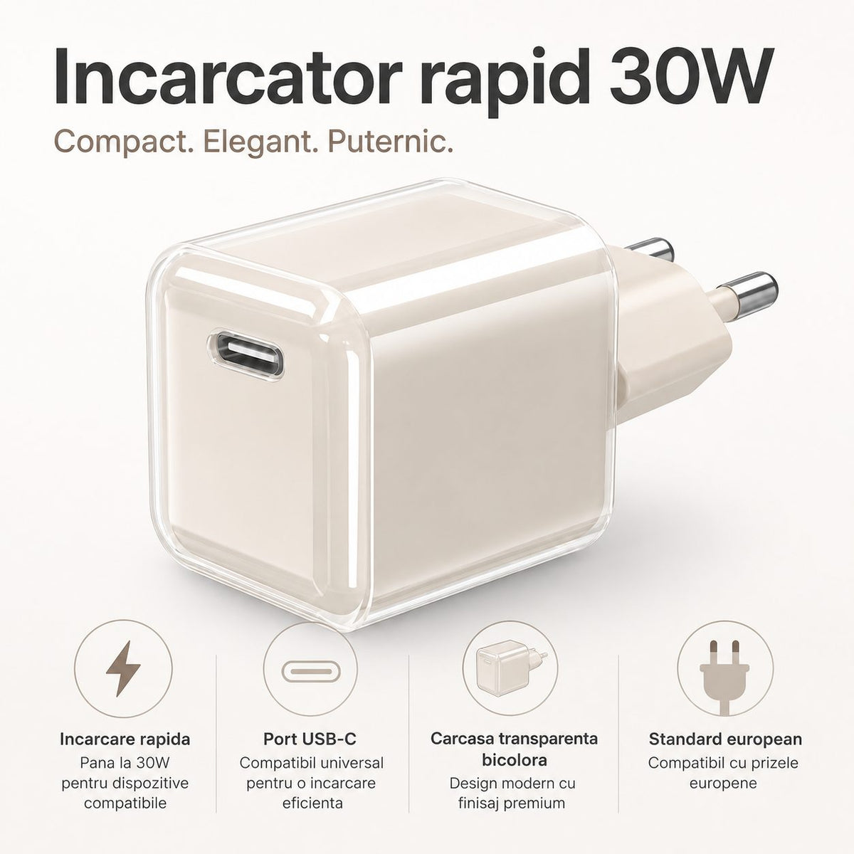 Încărcător GaN 30W USB-C Mini Ice Cube, compatibil iPhone, crem