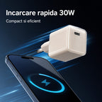 Încărcător GaN 30W USB-C Mini Ice Cube, compatibil iPhone, crem