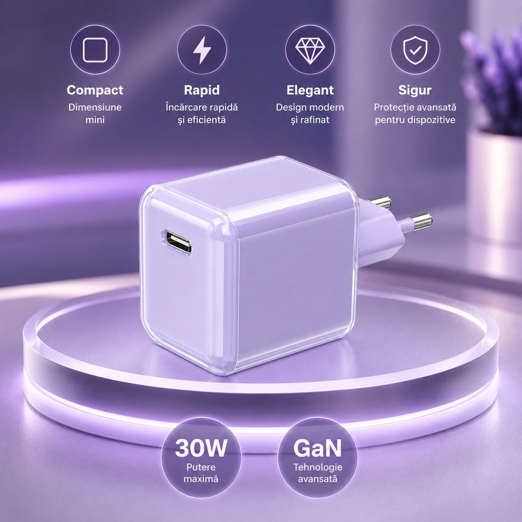 Încărcător GaN 30W USB-C Mini Ice Cube, compatibil iPhone, mov