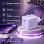 Încărcător GaN 30W USB-C Mini Ice Cube, compatibil iPhone, mov