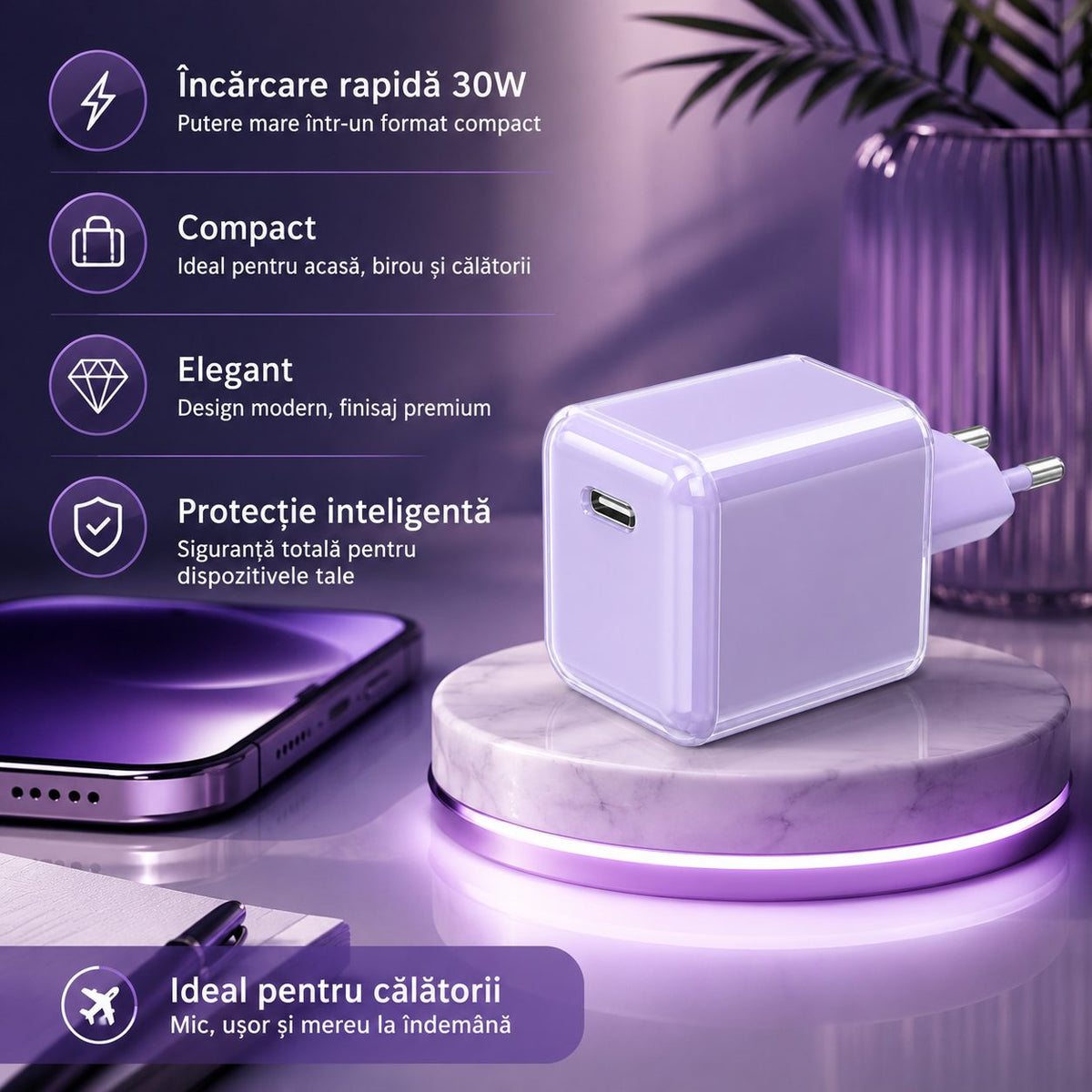 Încărcător GaN 30W USB-C Mini Ice Cube, compatibil iPhone, mov