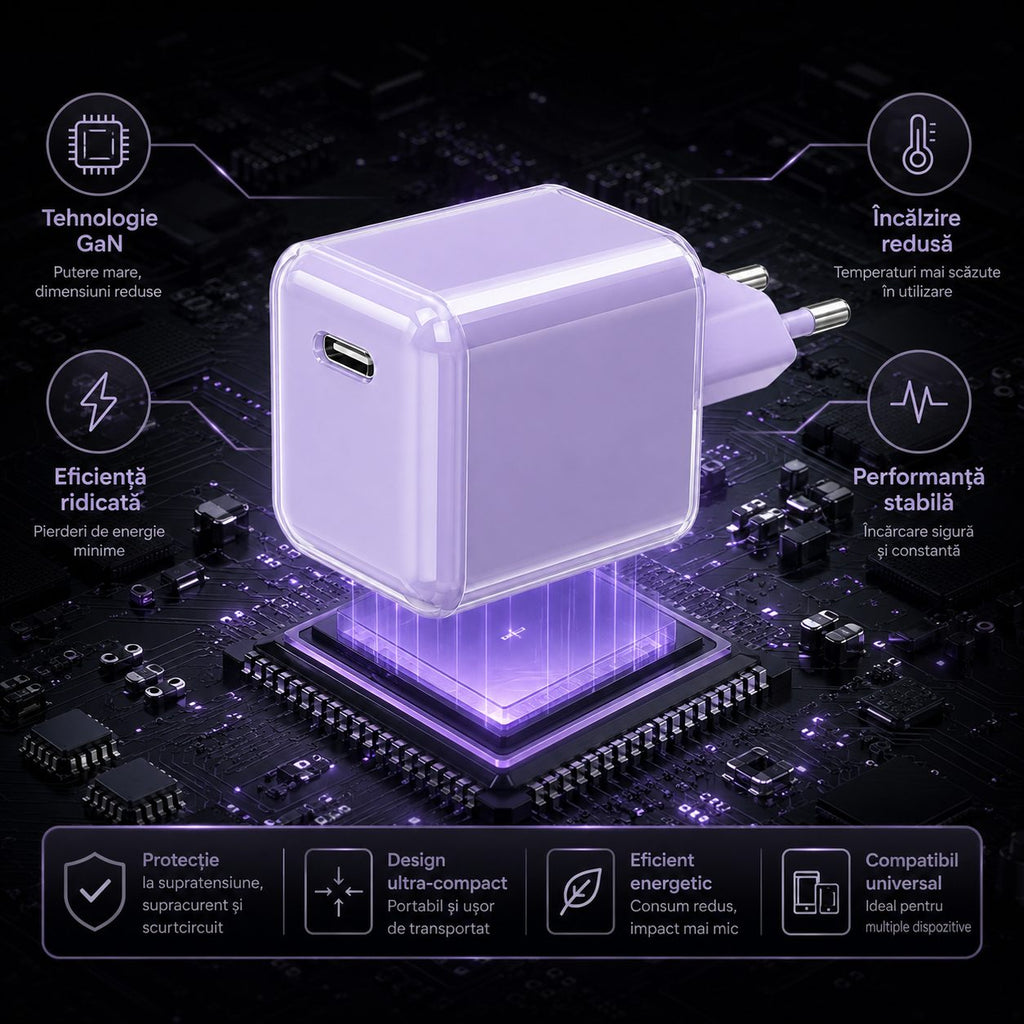 Încărcător GaN 30W USB-C Mini Ice Cube, compatibil iPhone, mov