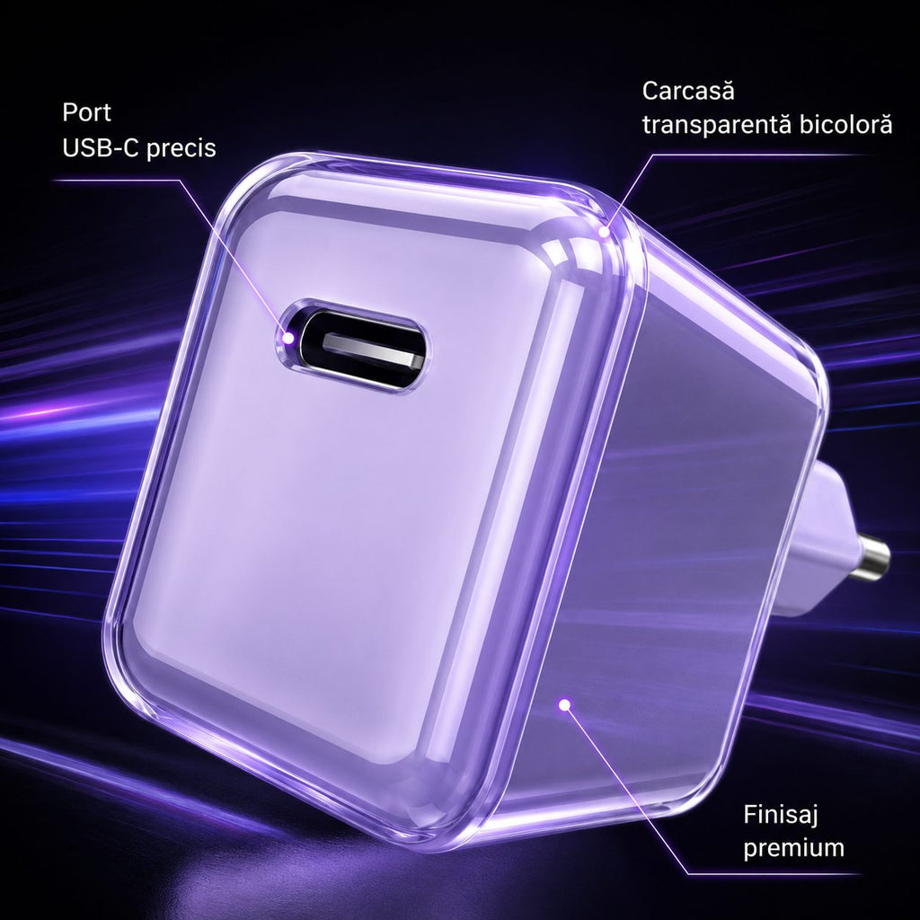 Încărcător GaN 30W USB-C Mini Ice Cube, compatibil iPhone, mov