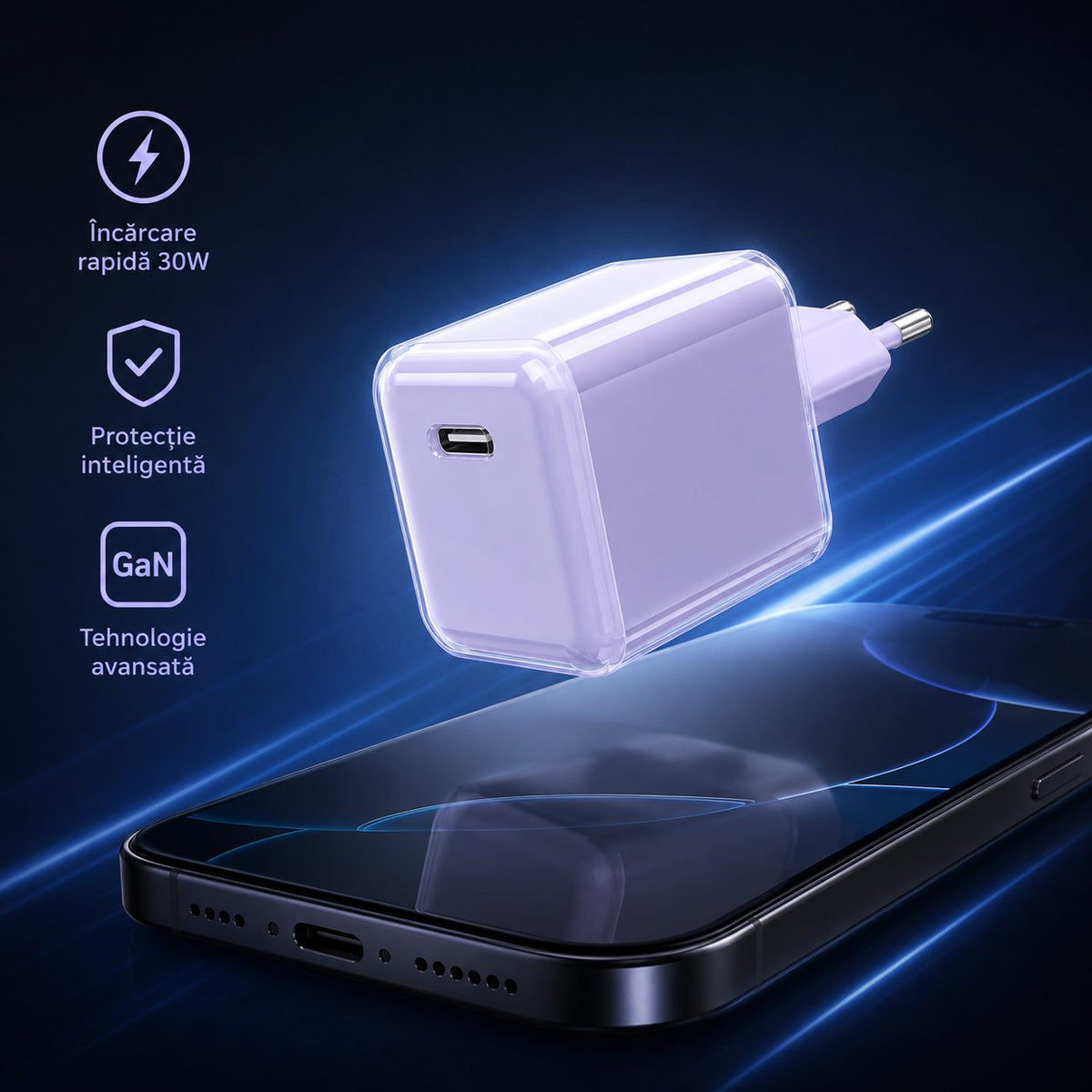 Încărcător GaN 30W USB-C Mini Ice Cube, compatibil iPhone, mov