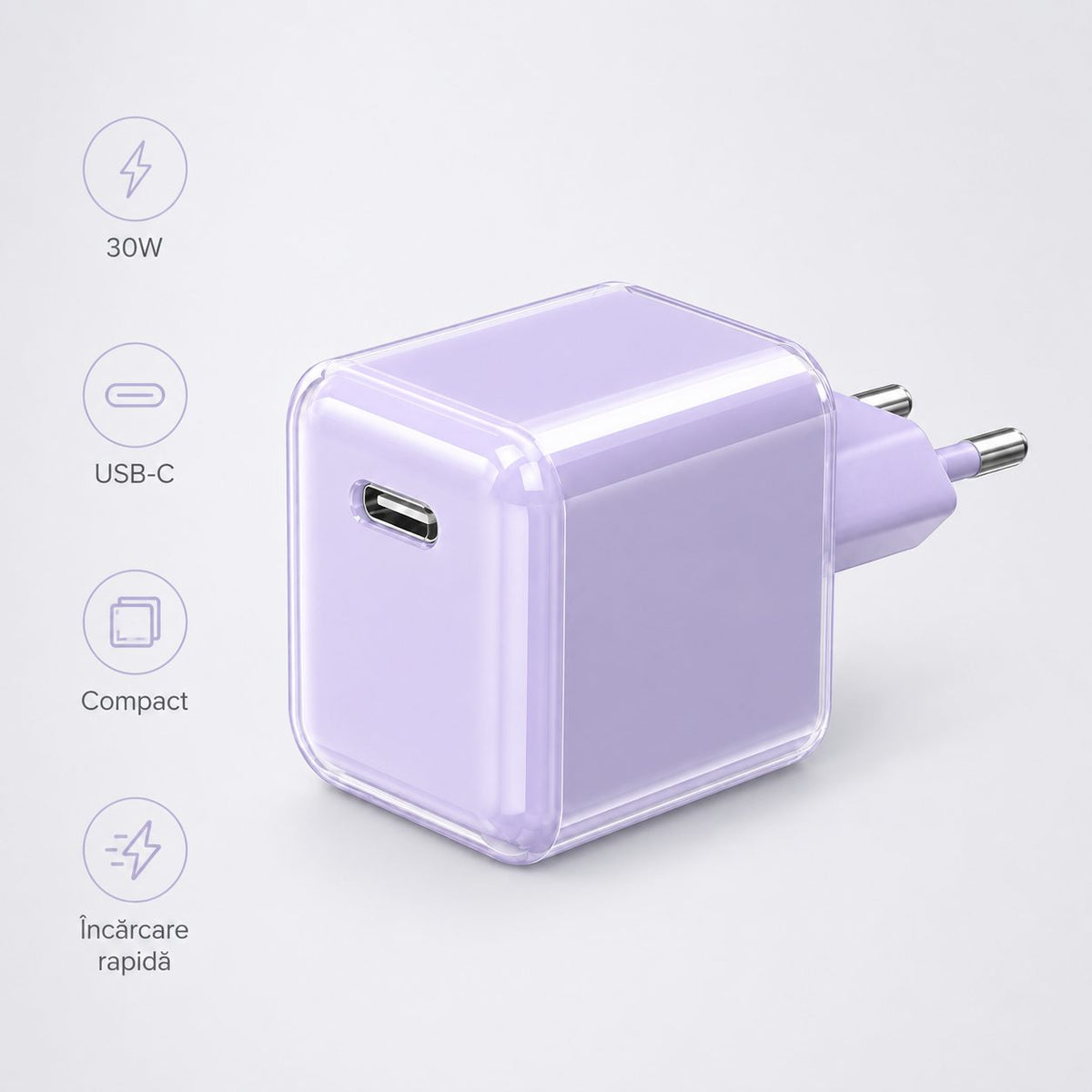 Încărcător GaN 30W USB-C Mini Ice Cube, compatibil iPhone, mov