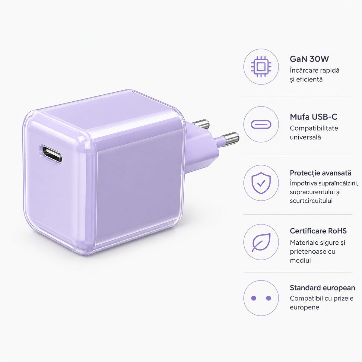 Încărcător GaN 30W USB-C Mini Ice Cube, compatibil iPhone, mov
