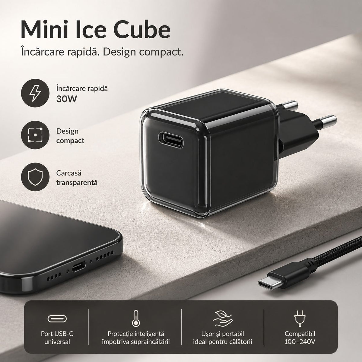 Încărcător GaN 30W USB-C Mini Ice Cube, compatibil iPhone, negru