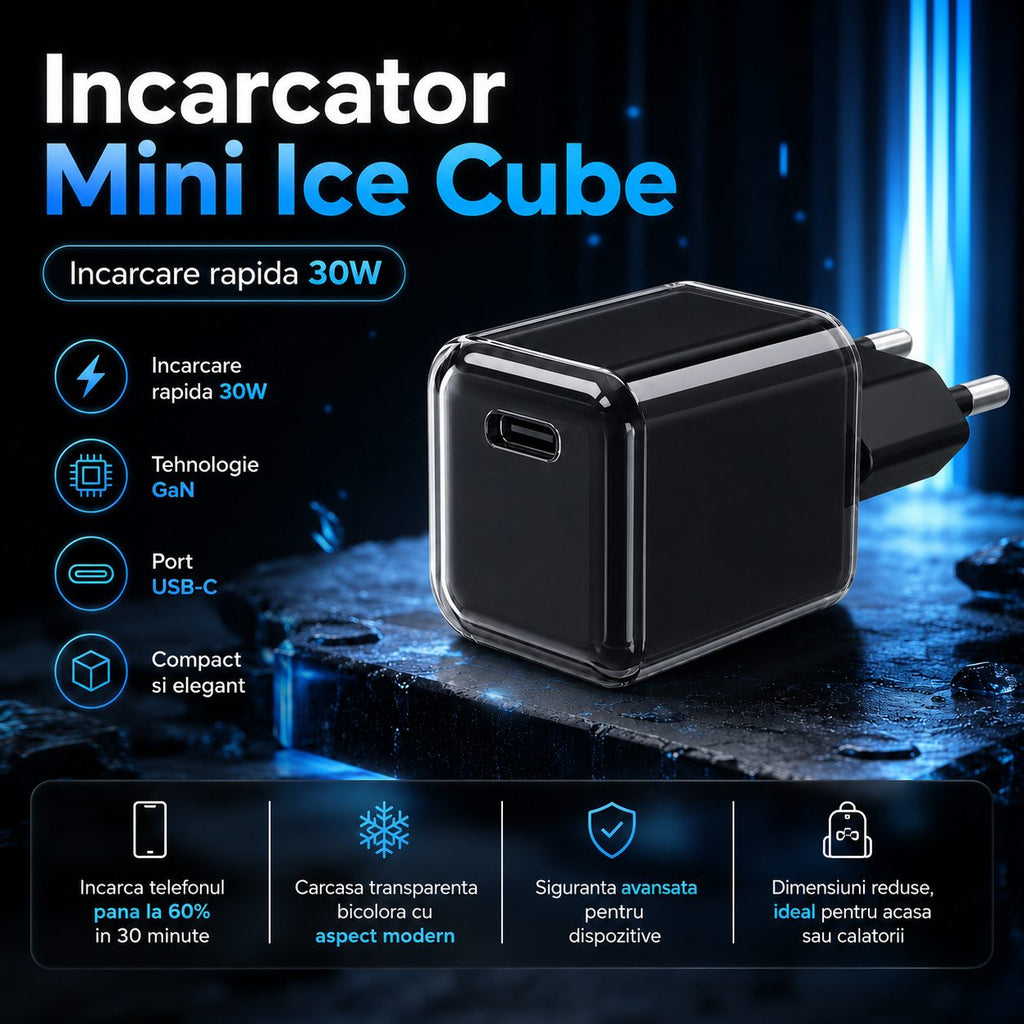 Încărcător GaN 30W USB-C Mini Ice Cube, compatibil iPhone, negru
