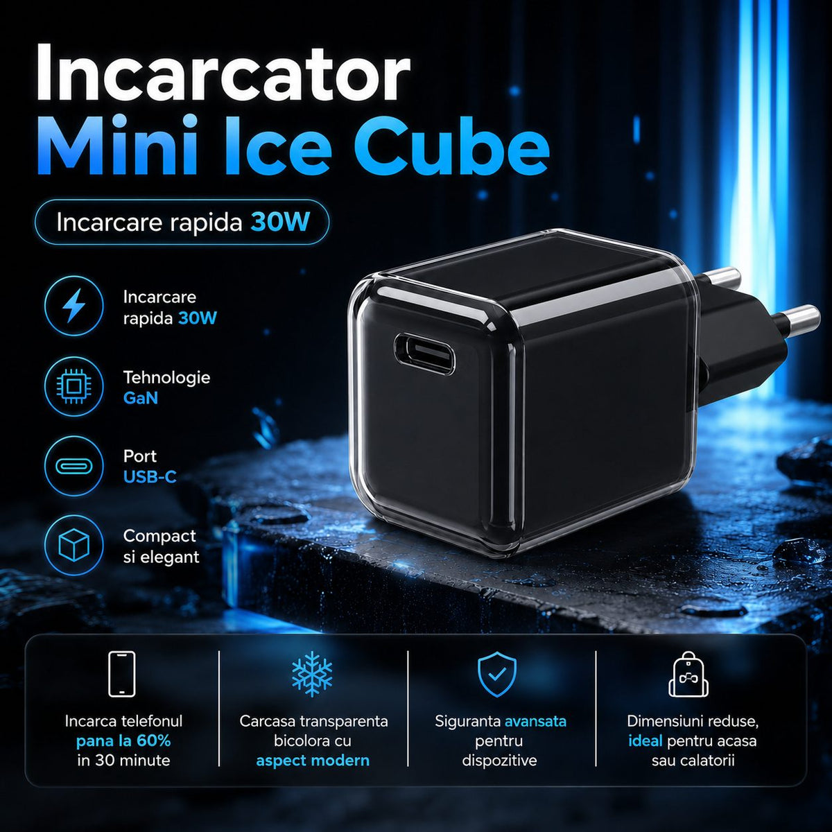 Încărcător GaN 30W USB-C Mini Ice Cube, compatibil iPhone, negru