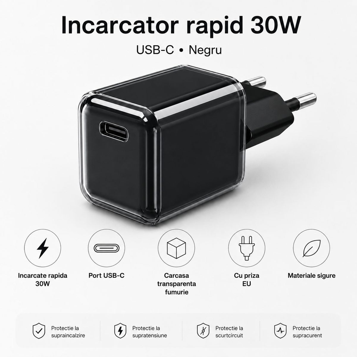 Încărcător GaN 30W USB-C Mini Ice Cube, compatibil iPhone, negru