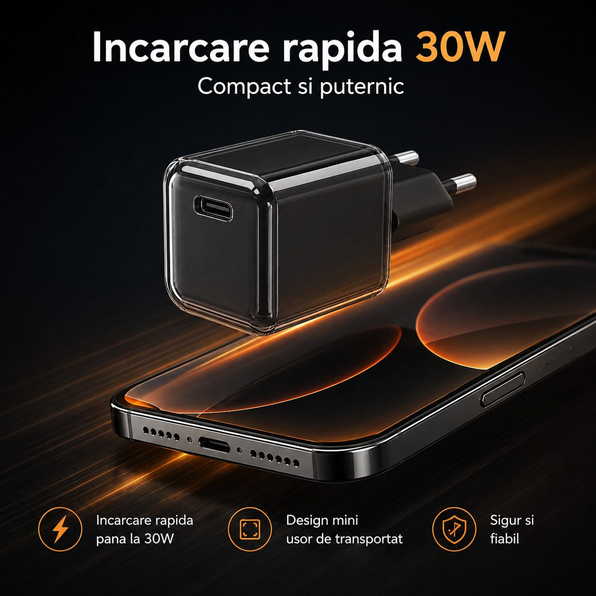 Încărcător GaN 30W USB-C Mini Ice Cube, compatibil iPhone, negru