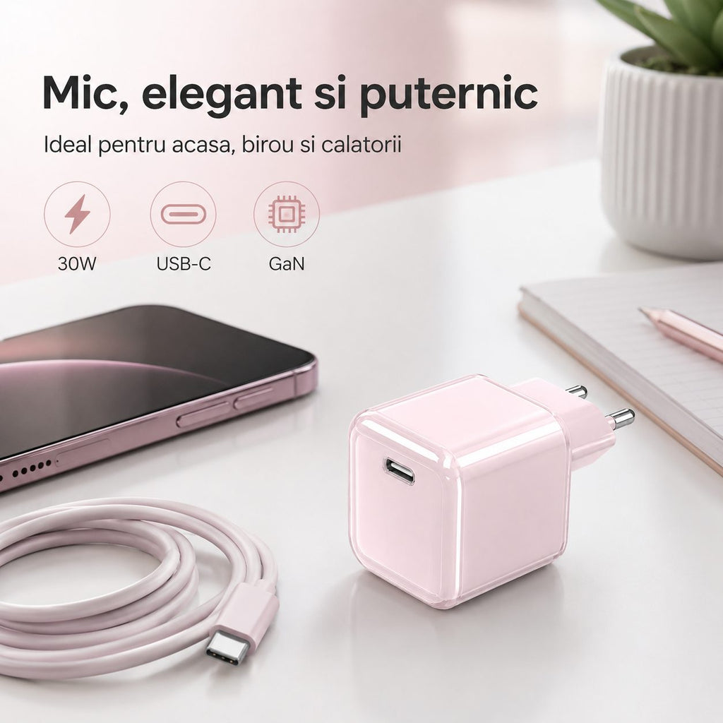 Încărcător GaN 30W USB-C Mini Ice Cube, compatibil iPhone, roz