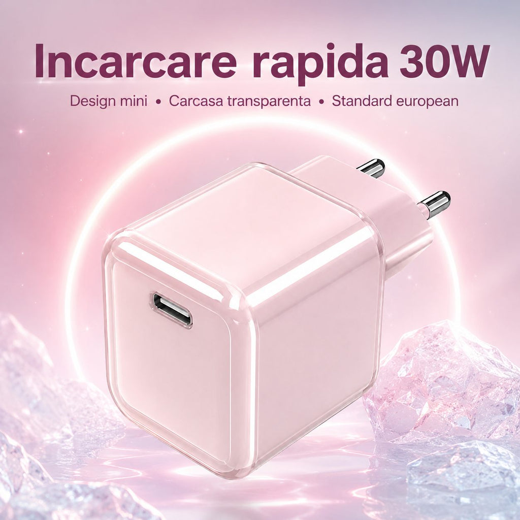 Încărcător GaN 30W USB-C Mini Ice Cube, compatibil iPhone, roz