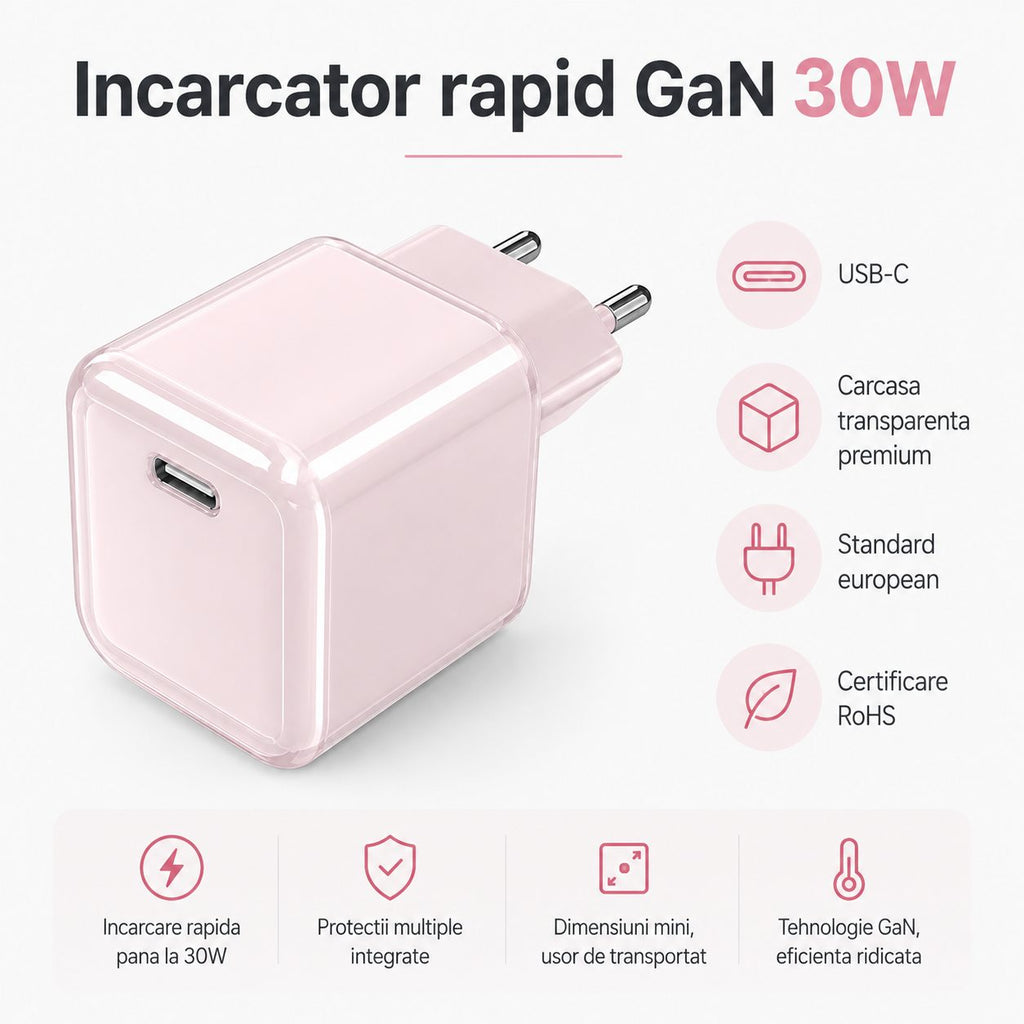Încărcător GaN 30W USB-C Mini Ice Cube, compatibil iPhone, roz