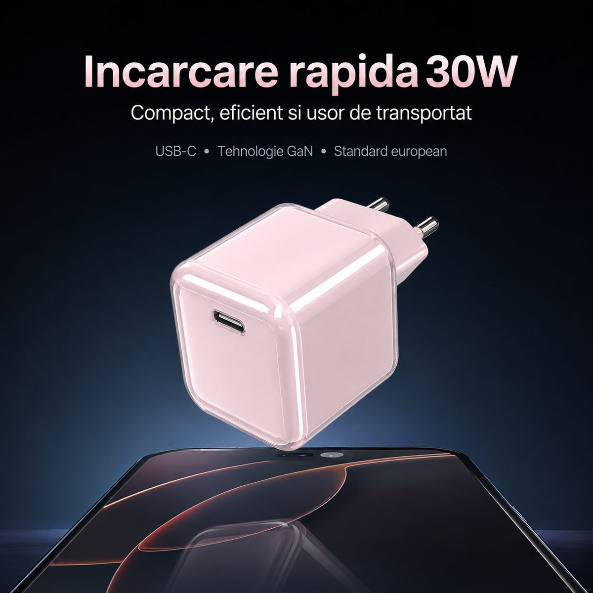 Încărcător GaN 30W USB-C Mini Ice Cube, compatibil iPhone, roz