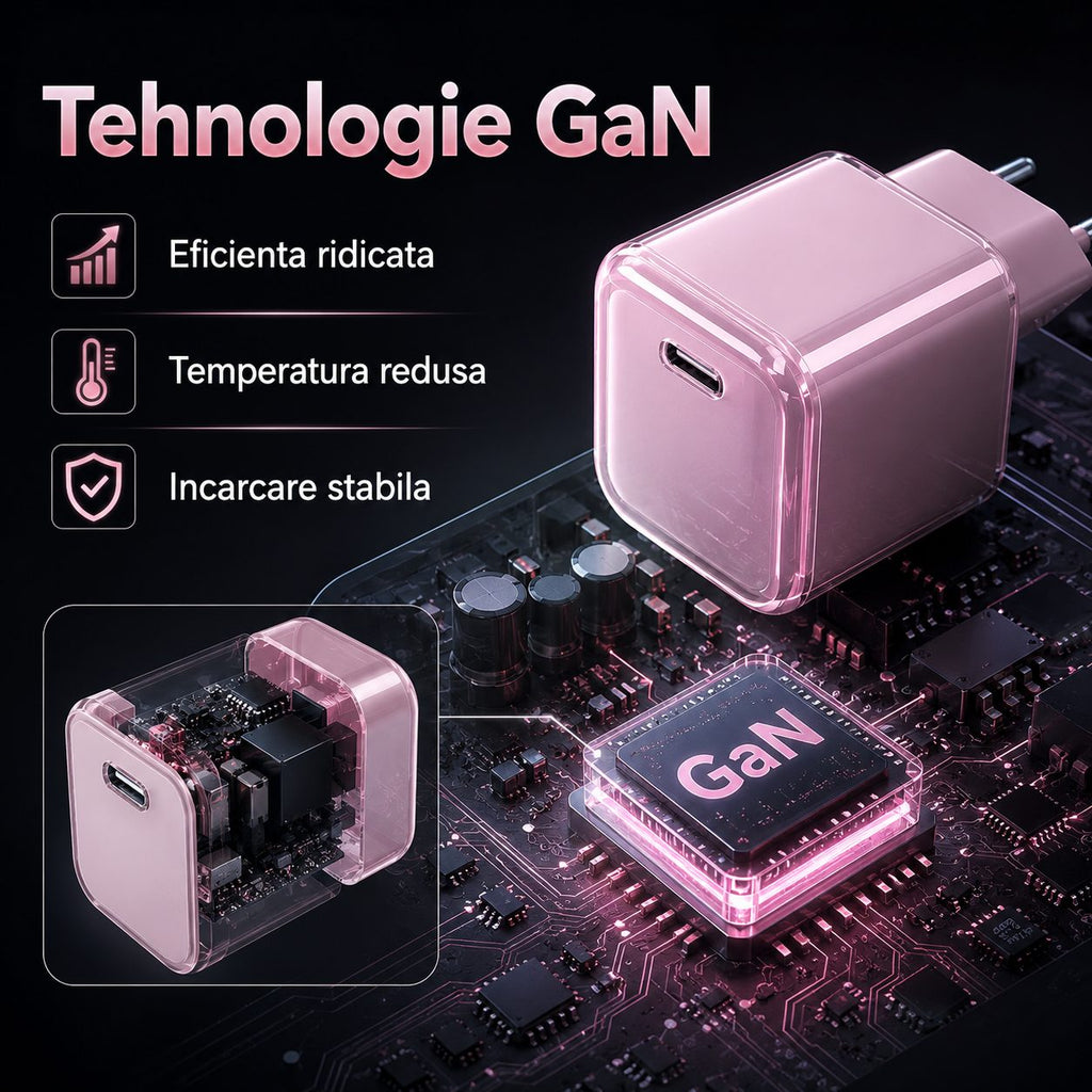 Încărcător GaN 30W USB-C Mini Ice Cube, compatibil iPhone, roz