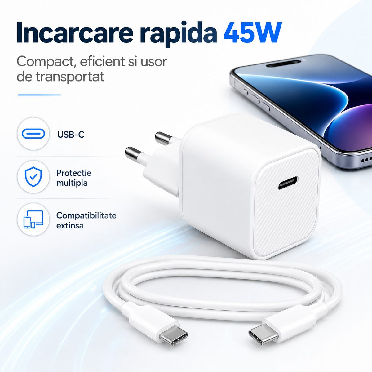 Încărcător rapid 45W USB-C compact, compatibil iPhone