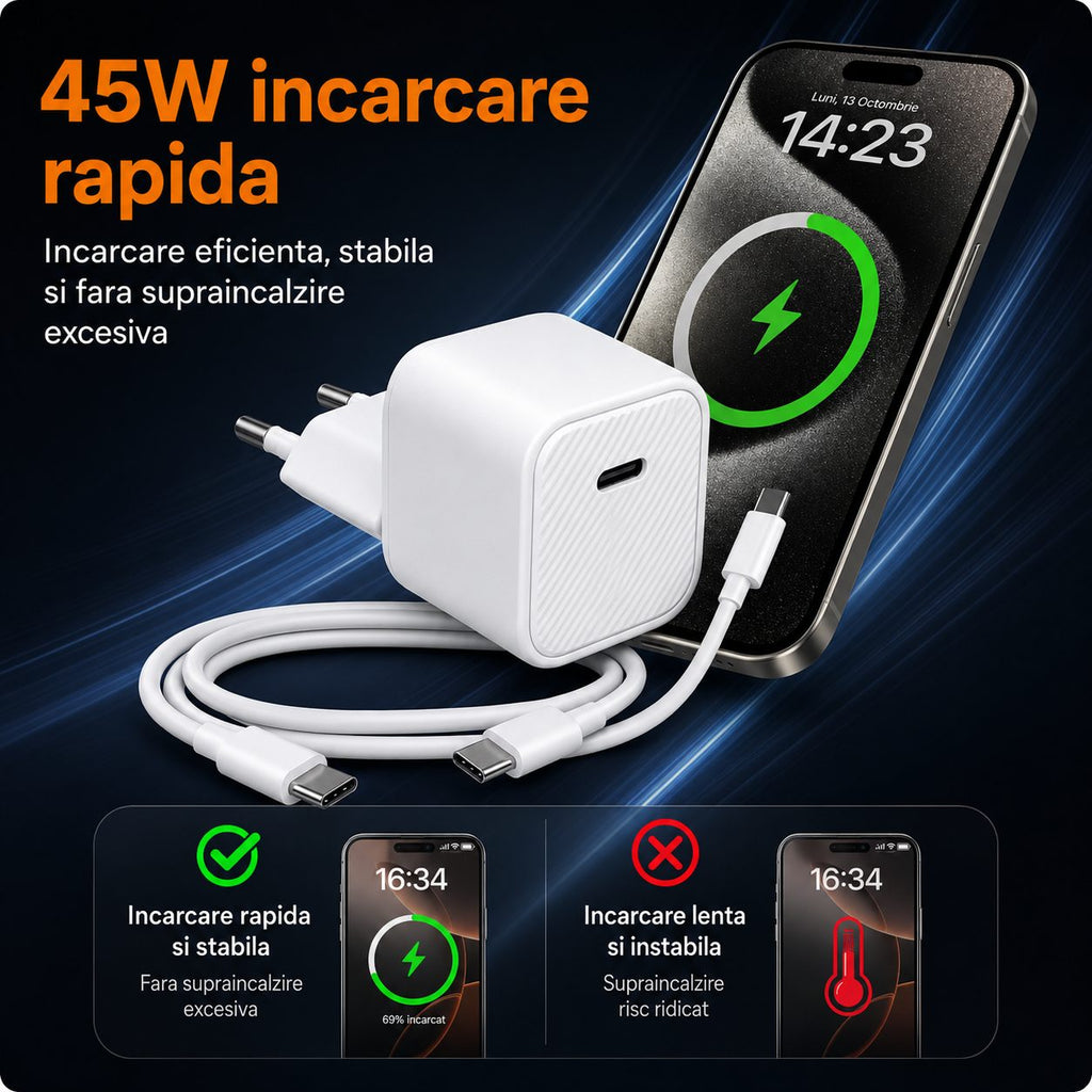 Încărcător rapid 45W USB-C compact, compatibil iPhone