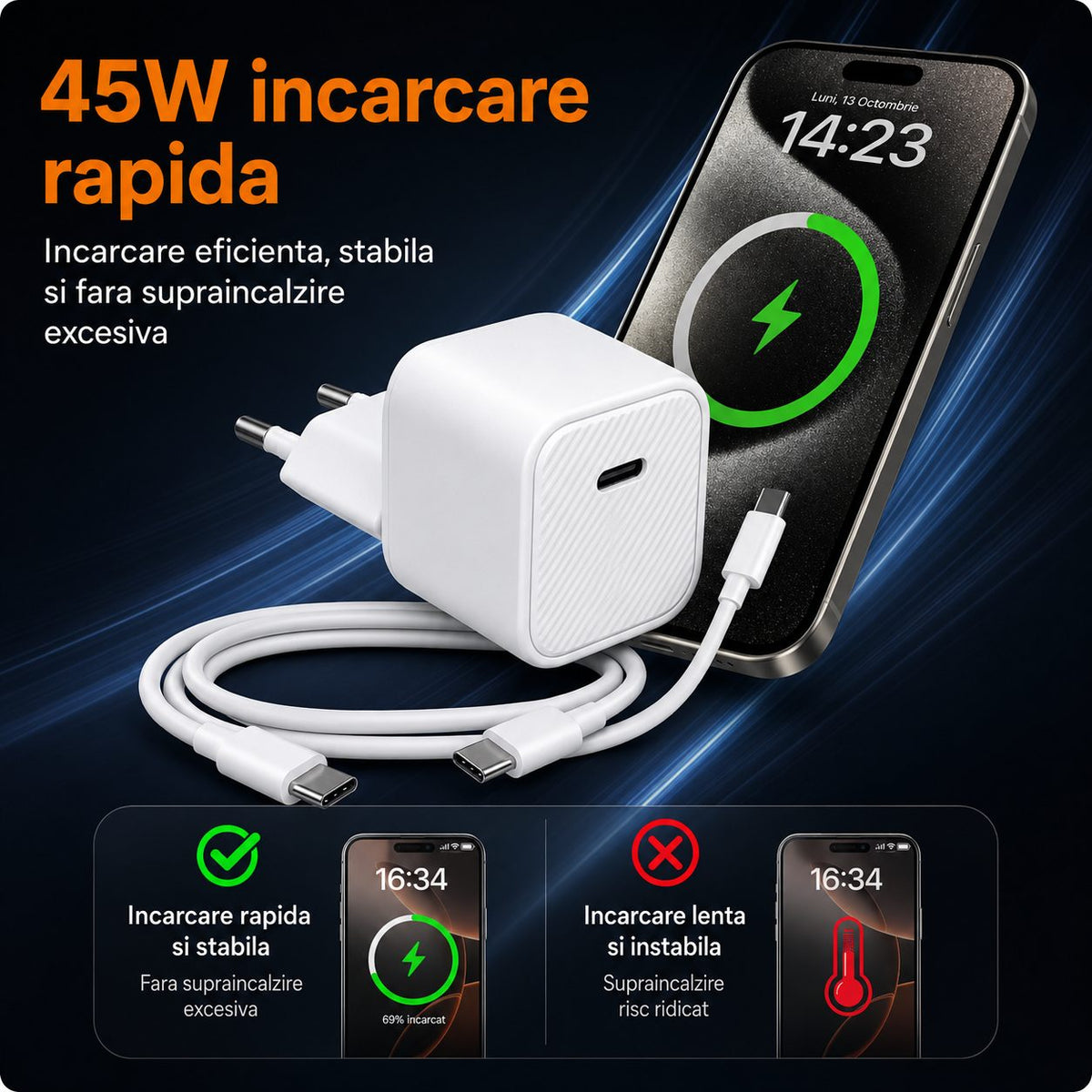 Încărcător rapid 45W USB-C compact, compatibil iPhone