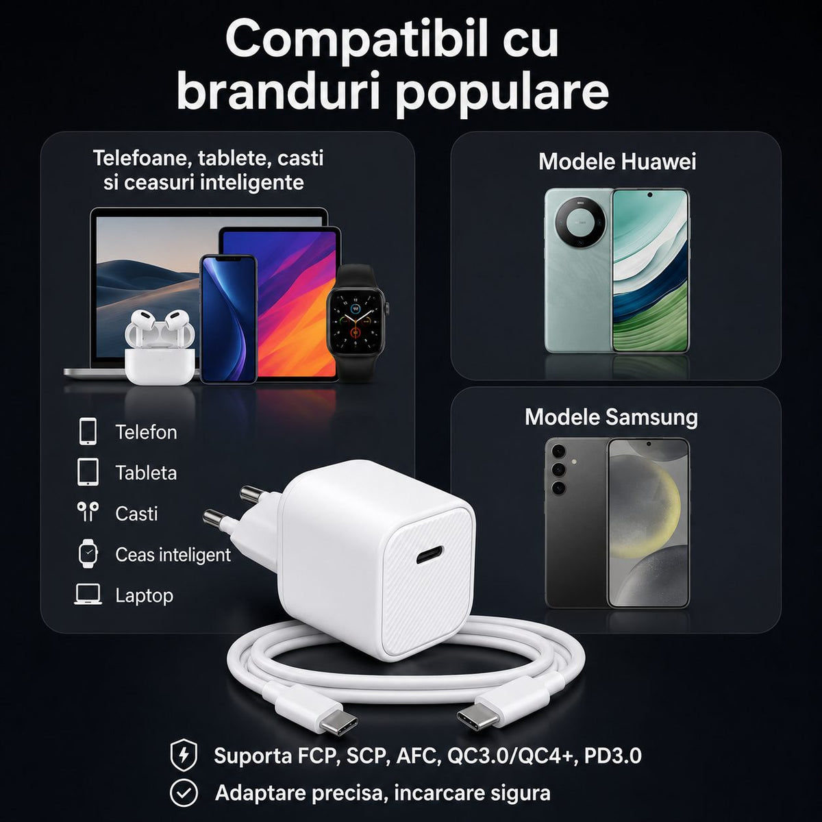 Încărcător rapid 45W USB-C compact, compatibil iPhone