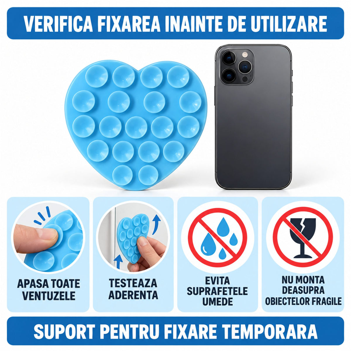 Suport cu ventuze pentru telefon, inimă bleu