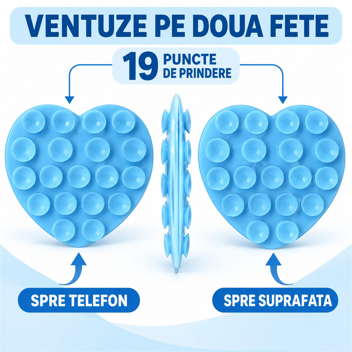 Suport cu ventuze pentru telefon, inimă bleu