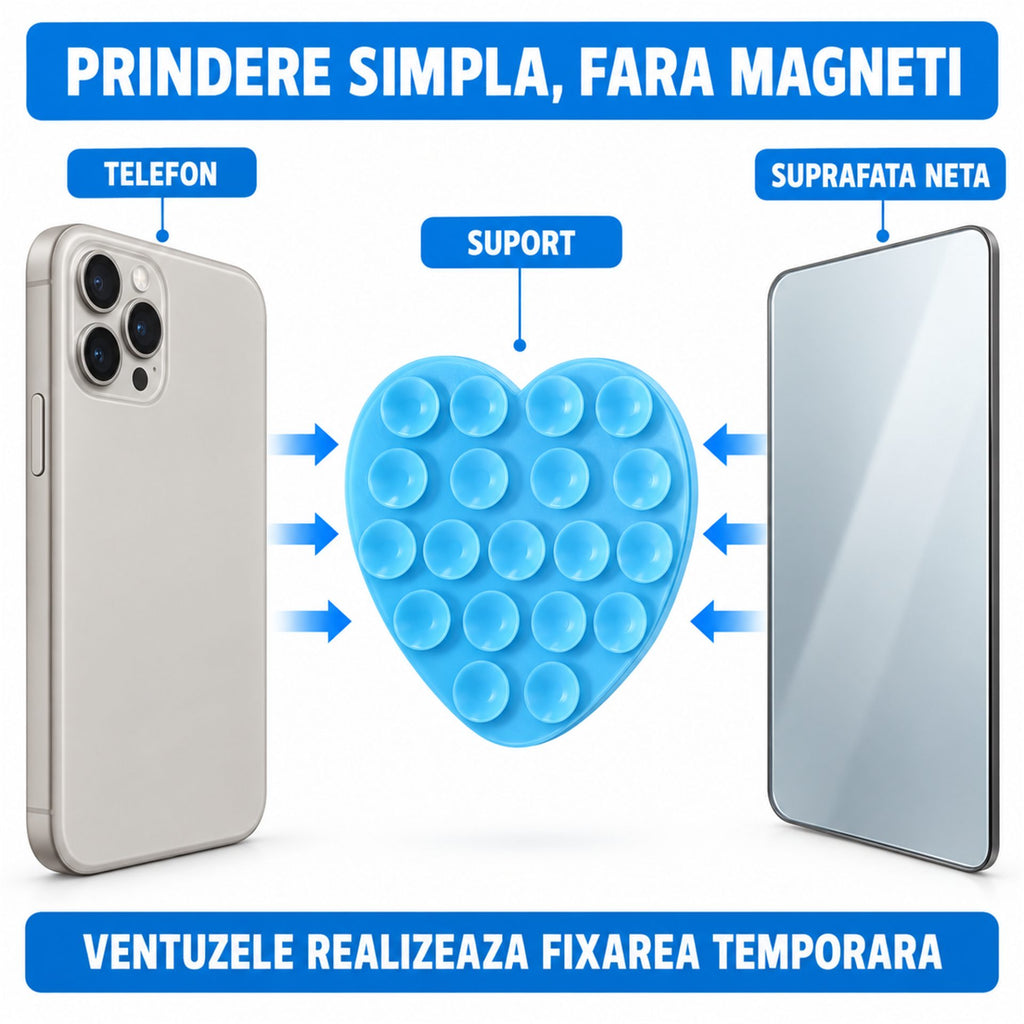 Suport cu ventuze pentru telefon, inimă bleu