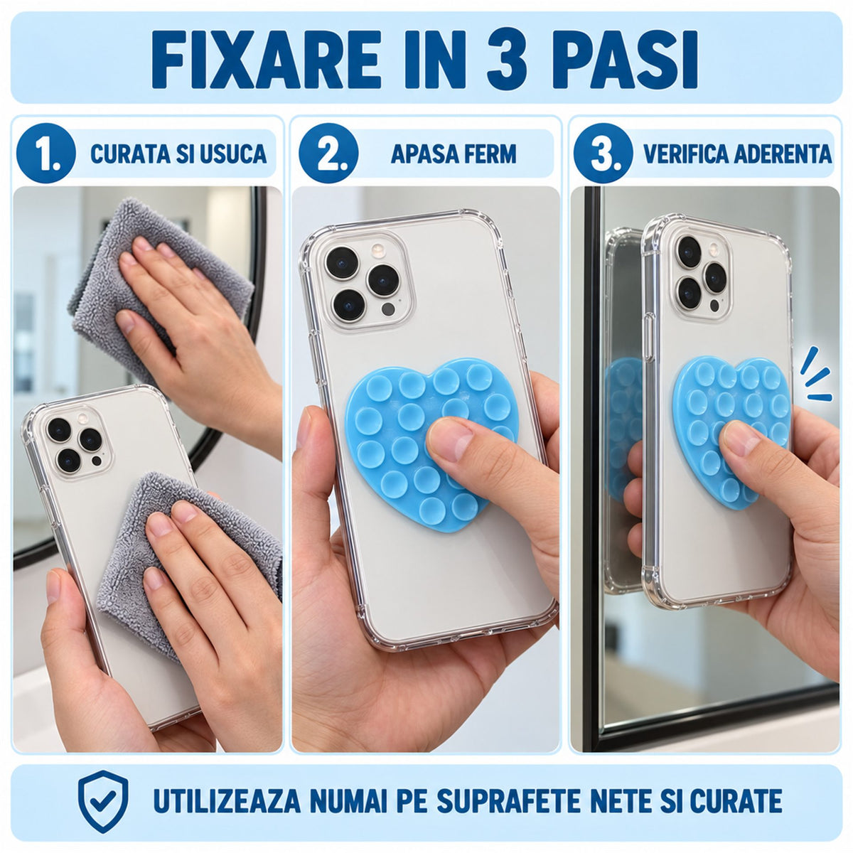 Suport cu ventuze pentru telefon, inimă bleu
