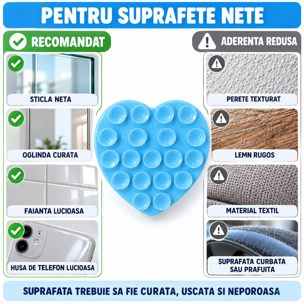 Suport cu ventuze pentru telefon, inimă bleu