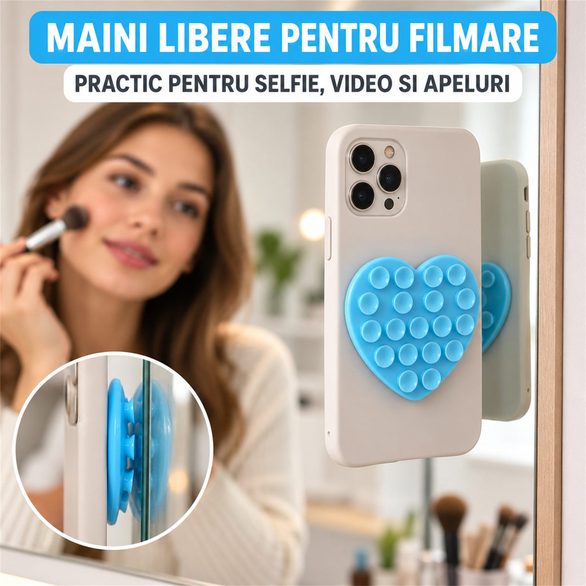 Suport cu ventuze pentru telefon, inimă bleu