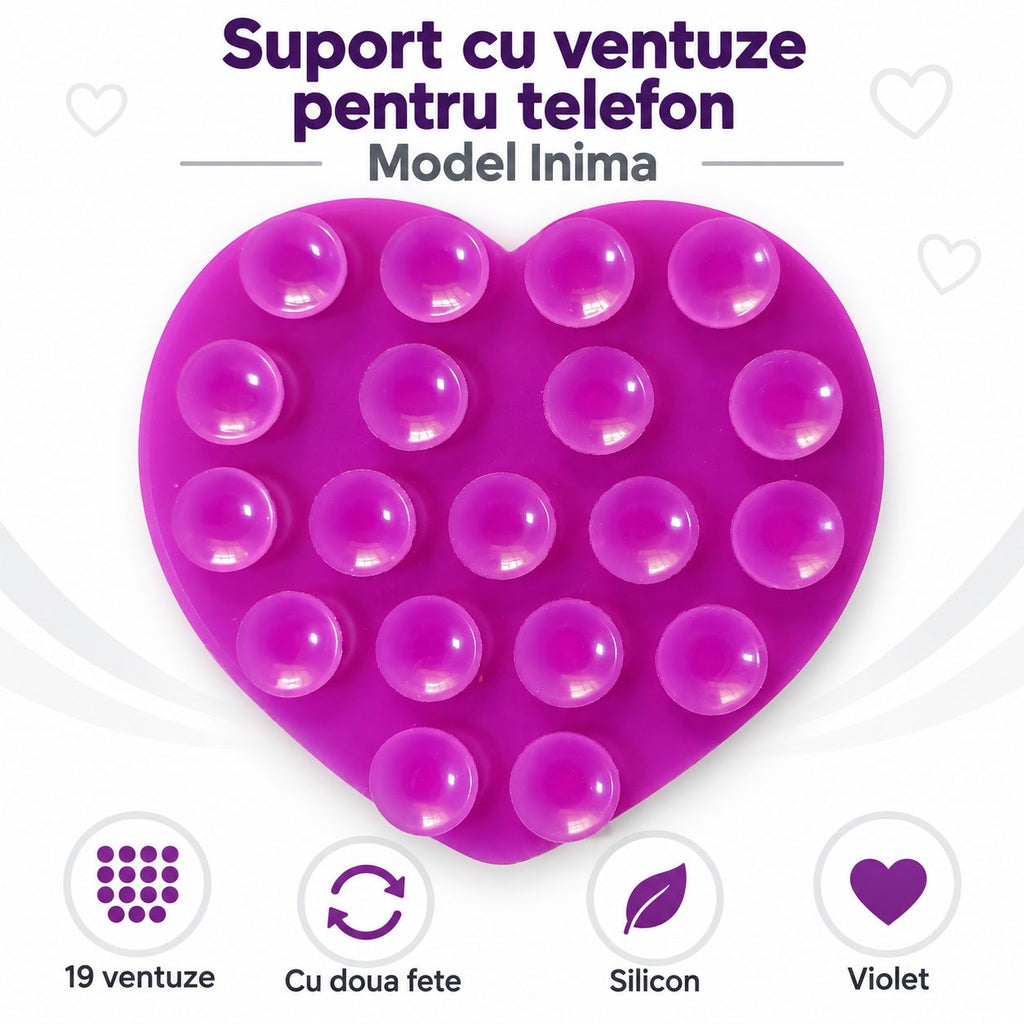 Suport cu ventuze pentru telefon, inimă mov