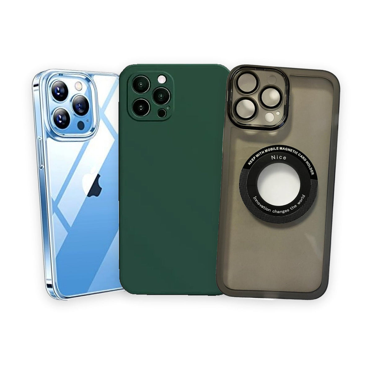 Trio Pădure · transparentă, silicon verde, MagSafe neagră