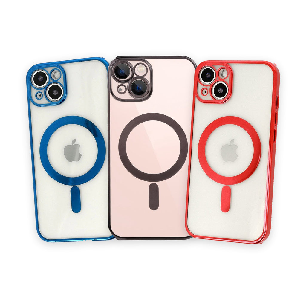 Trio Contur · huse MagSafe cu ramă metalizată · albastru, negru, roșu, iPhone 14